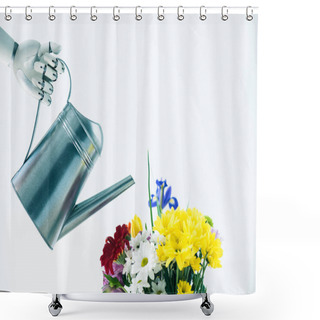 Personality  Hand Of Robot Holding Watering Pot And Beautiful Bouquet Of Flowers Isolated On White Shower Curtains