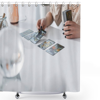 Personality  KYIV, UKRAINE - FEBRUARY 23, 2022: Cropped View Of Fortune Teller Holding Tarot Cards Near Blurred Orb On Table  Shower Curtains