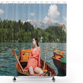 Personality  Beautiful Young Woman Sitting In Boat At Scenic Tranquil Mountain Lake, Bled, Slovenia Shower Curtains