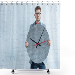 Personality  Man Holding Large Clock In Front Of Him By White Wall Shower Curtains