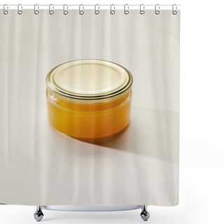 Personality  Close Up View Of Sweet Organic Honey In Glass Jar On White Surface Shower Curtains