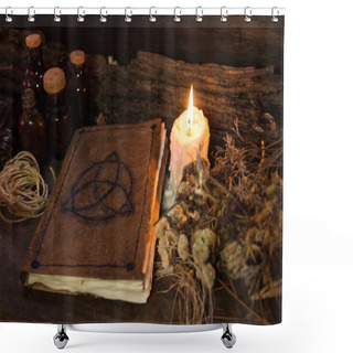 Personality  Set Of Objects For Witchcraft Rituals, On Rustic Wood Shower Curtains