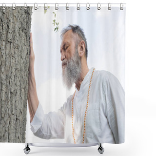 Personality  Bearded Guru Master In White Shirt And Beads Touching Tree Trunk While Meditating Outdoors Shower Curtains