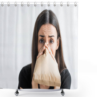 Personality  Scared Woman Breathing Into Paper Bag And Looking At Camera Whule Suffering From Panick Attact At Home Shower Curtains