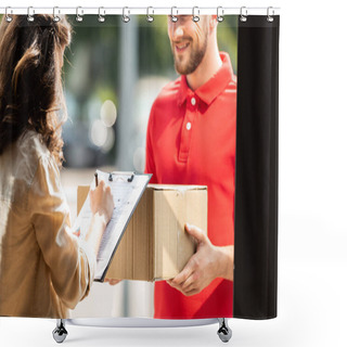 Personality  Cropped View Of Happy Delivery Man Holding Box Near Woman With Clipboard And Pen  Shower Curtains