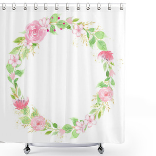 Personality  Wreath Of Flowers And Leaves Watercolor Raster Frame Shower Curtains