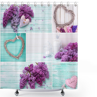 Personality  Collage With Lilac Flowers And Decorative Hearts Shower Curtains