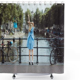 Personality  Girl In A Blue Dress On The Bridge In Amsterdam Shower Curtains