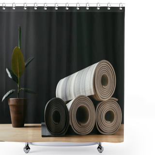 Personality  Different Rolled Yoga Mats And Potted Plant On Wooden Table Shower Curtains