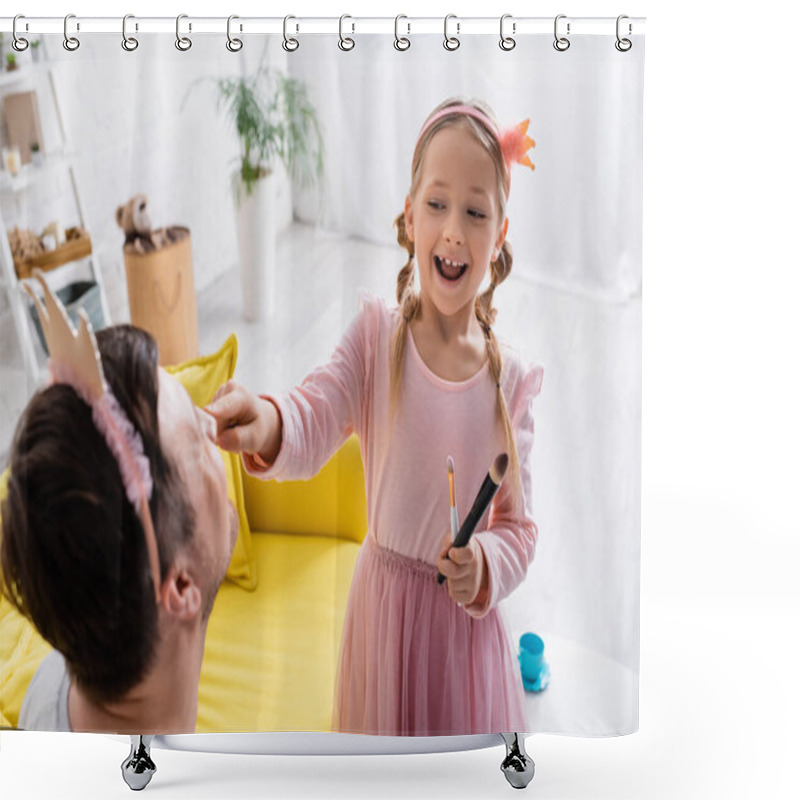 Personality  Excited Girl In Toy Crown Doing Makeup To Dad On Blurred Foreground Shower Curtains