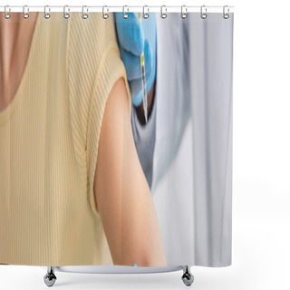 Personality  Partial View Of Doctor With Vaccine Near Woman In Clinic, Banner Shower Curtains