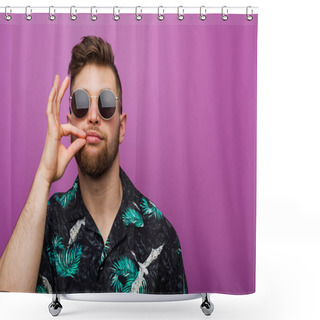 Personality  Young Man Wearing A Vacation Look With Fingers On Lips Keeping A Secret. Shower Curtains