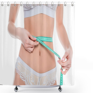 Personality  Cropped View Of Woman Measuring Her Perfect Slim Body, Isolated On White Shower Curtains