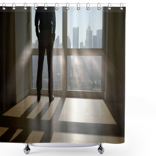 Personality  Businessman Near Panoramic Window With Cityscape Shower Curtains