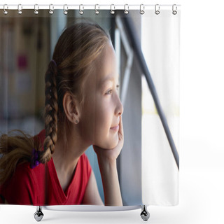 Personality  Portrait Of A Caucasian Schoolgirl With Blonde Hair In Plaits Wearing A Red T Shirt, Sitting At A Desk Resting His Chin On Her Hand And Looking Out Of An Open Window In Thought During A Lesson In An Elementary School Classroom Shower Curtains