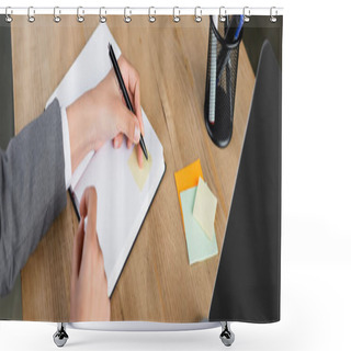 Personality  Cropped View Of Businesswoman Writing On Notebook With Sticky Note, Banner  Shower Curtains