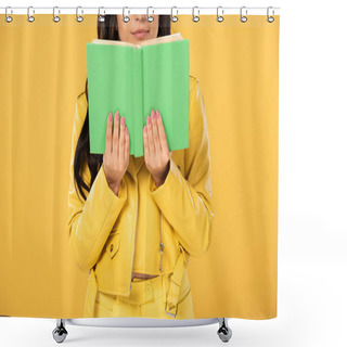 Personality  Cropped View Of Student Reading Book, Isolated On Yellow  Shower Curtains