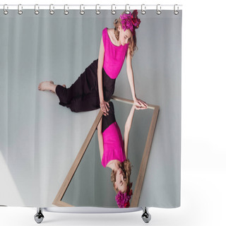 Personality  High Angle View Of Beautiful Woman In Floral Wreath Looking At Mirror On Grey Shower Curtains