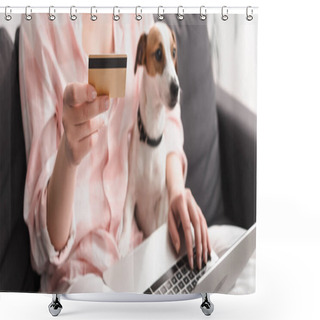 Personality  Partial View Of Young Woman Holding Credit Card Near Dog And Laptop While Online Shopping At Home, Banner Shower Curtains