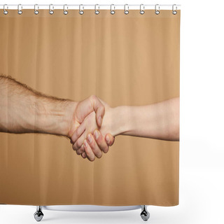 Personality  Cropped View Of Man And Woman Holding Hands Isolated On Beige Shower Curtains