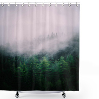 Personality  Beautiful Foggy Mystic Mountains. Fog Clouds At The Pine Tree Mystical Woods, Morning. Europe, Mysterious Alpine Landscape. Shower Curtains