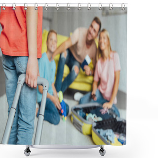 Personality  Kid Holding Suitcase While Family Packing For Summer Vacation On Background, Travel Concept Shower Curtains