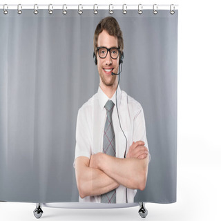 Personality  Smiling Call Center Operator In Glasses And Headset With Crossed Arms On Grey Background Shower Curtains