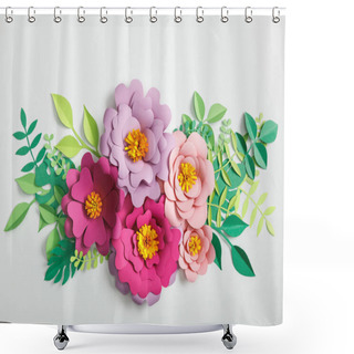 Personality  Top View Of Pink And Lilac Paper Flowers With Green Leaves On Grey Background Shower Curtains
