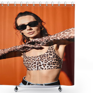 Personality  A Stylish Woman Exudes Confidence In Leopard Print And Sunglasses Against A Vibrant Orange Backdrop. Shower Curtains