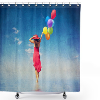 Personality  Brunette Girl With Colour Balloons At Coast. Shower Curtains