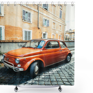Personality  Rome, Italy. June 10, 2020: Old Compact Italian Car Fiat 500 Cinquecento Parked In The Historic Center Of Rome In Italy. Orange Color, Paving With Cobblestones. Shower Curtains