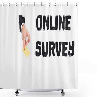 Personality  Cropped View Of Man Holding Empty Business Card From Hole In White Paper With Online Survey Illustration Shower Curtains