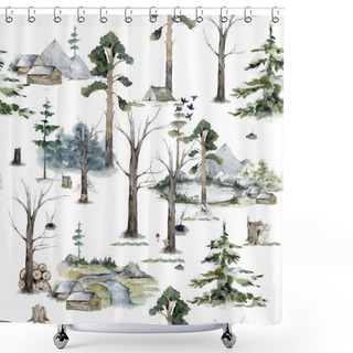 Personality  Forest Seamless Pattern With Tree. Mountain Watercolor Background Illustration Shower Curtains