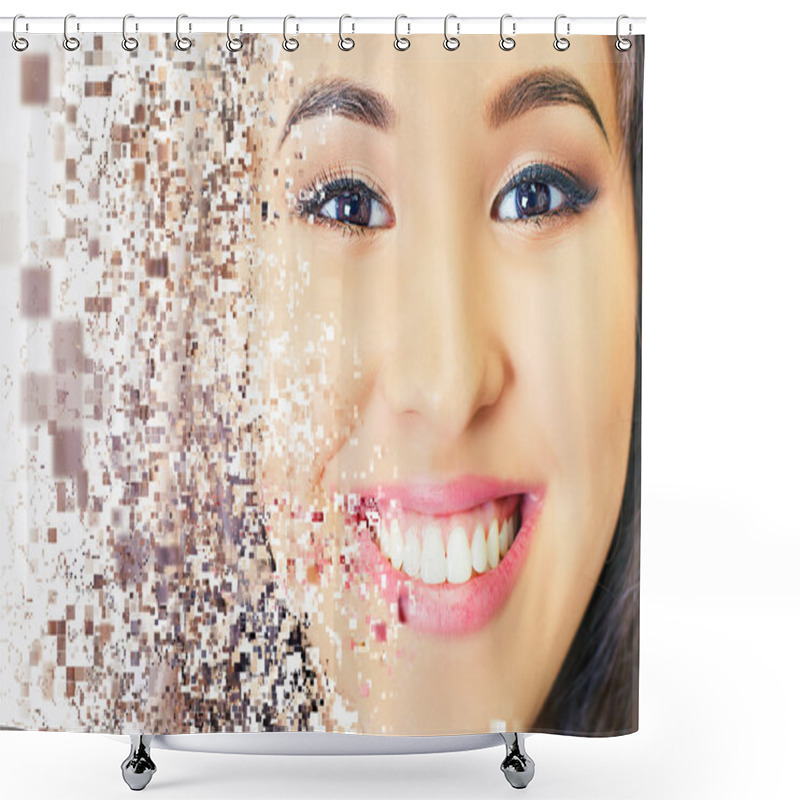 Personality  Beautiful asian woman smile with healthy teeth whitening shower curtains