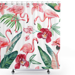 Personality  Flamingos, Floral Trendy Tropical Seamless Pattern With Palm Leaves In Watercolor Style. Flower, Leaf And Bird. High Quality Illustration Shower Curtains