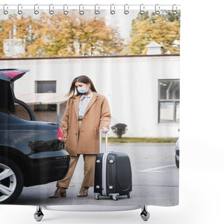 Personality  Woman In Medical Mask And Stylish Autumn Outfit Standing Near Open Car Trunk With Suitcase Shower Curtains