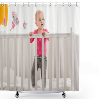 Personality  Adorable Kid In Pink Shirt Standing In Crib And Looking Away Shower Curtains