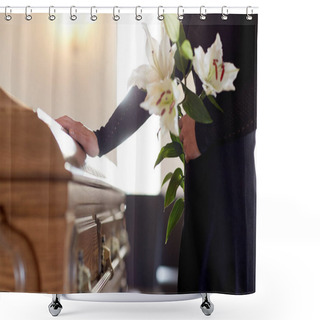 Personality  Woman With Lily Flowers And Coffin At Funeral Shower Curtains
