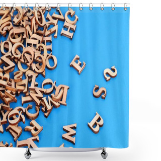 Personality  A Heap Of Wooden Letters Are Lying In The Blue Studio Shower Curtains