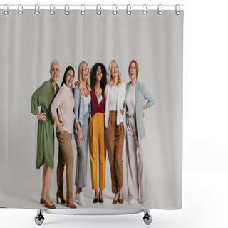 Personality  Multi-ethnic Group Of Happy Mature Women Bonding Against Grey Background Shower Curtains