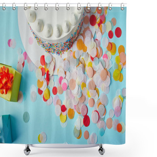 Personality  Top View Of Delicious Cake, Gifts And Confetti On Blue Background Shower Curtains