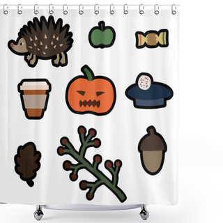 Personality  Illustration With Halloween Pumpkin And Fall Season Icons On White  Shower Curtains