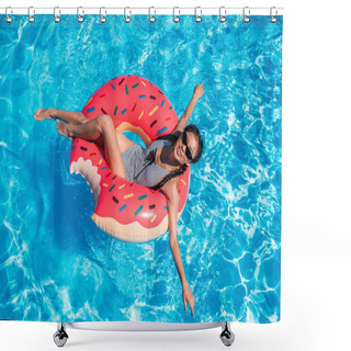 Personality  Asian Woman On Inflatable Donut In Pool Shower Curtains