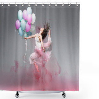 Personality  Beautiful Ballerina Dancing With Festive Balloons Near Pink Smoke Splashes On Grey Background Shower Curtains