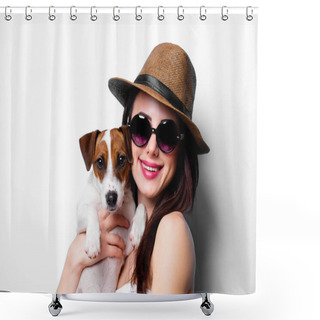 Personality  Young Woman With Dog Shower Curtains
