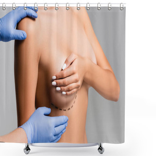 Personality  Cropped View Of Plastic Surgeon Touching Naked Woman With Lines On Breast Isolated On Grey  Shower Curtains