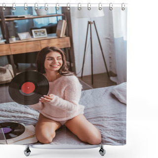 Personality  Happy Pretty Girl Holding Vinyl Record Near Phonograph And Sitting On Bed At Home Shower Curtains