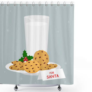 Personality  Set Of Glass Of Milk And Baked Oatmeal Cookies With Chocolate Chips, Holly Berries, Isolated On Snowflakes Background. Note And Treat For Santa. Vector Flat Shower Curtains