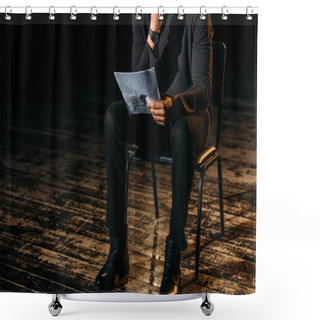 Personality  Cropped View Of African American Actor Holding Scenario On Stage During Rehearse  Shower Curtains