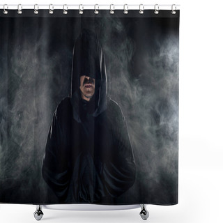Personality  Man Dressed In A Dark Robe Looking Like A Cult Leader On A Smoky Or Foggy Background.  He Looks Like A Creepy Evil Villain Shower Curtains